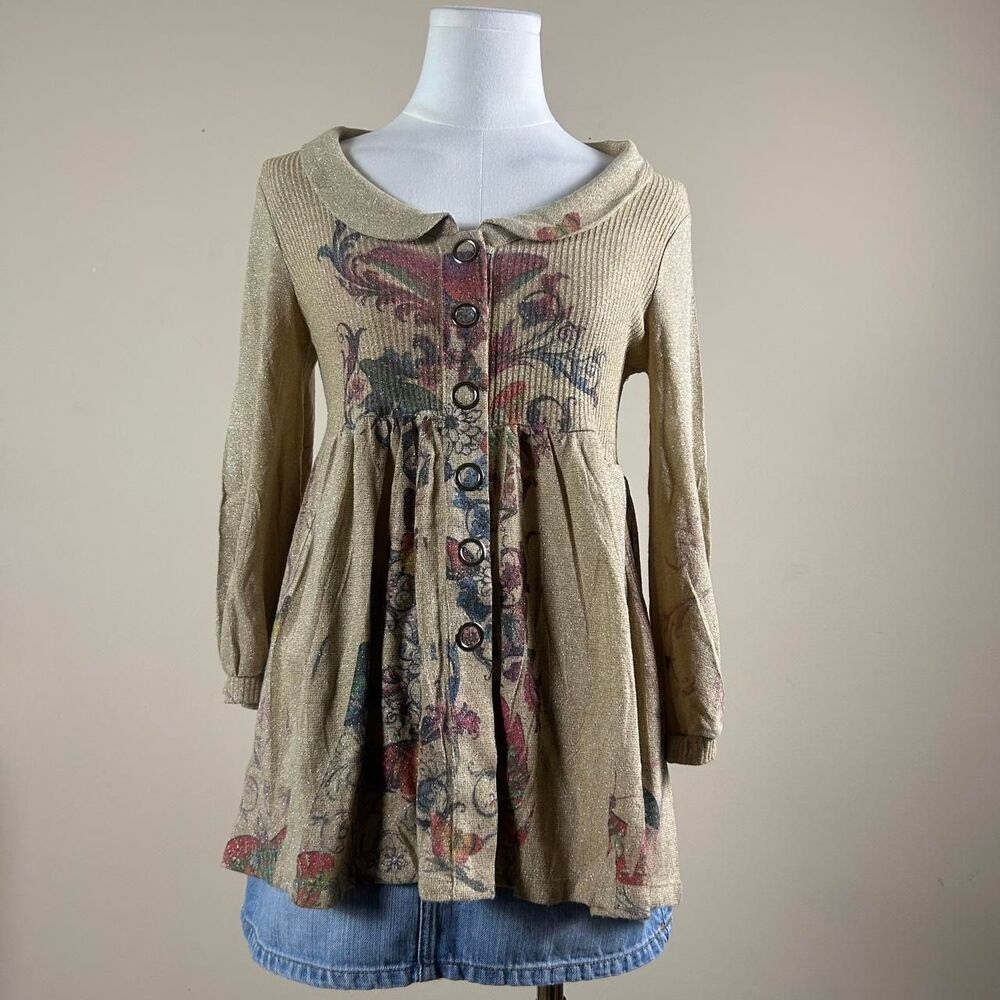 Code Vintage Adorable Whimsy Shimmery Gold Babydoll Sweater Top